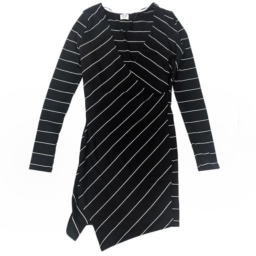 Renvy Black Striped Faux Wrap Long Sleeve Mini s S